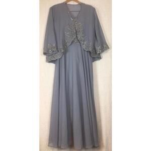 New Lace Chiffon Formal Dress w Jacket Size 8 Gray Blue Mother of Bride